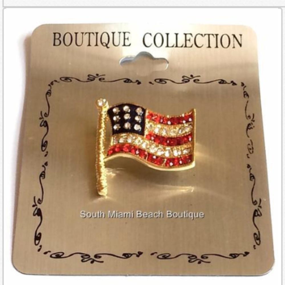 Gold Plated American Flag Pin Brooch Crystal Enamel USA July 4th Patriotic